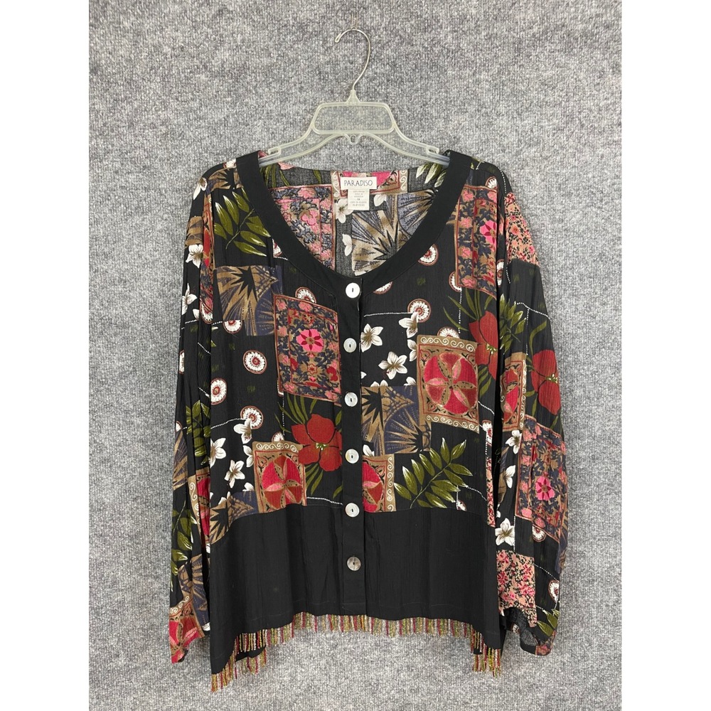 Paradiso Patchwork Floral Blouse Womens 1X Black Multi Excellent Beaded Fringe‎
